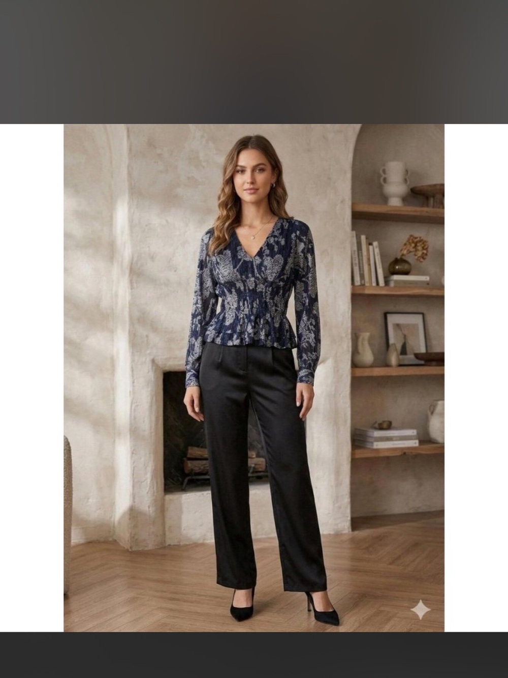 Anthropologie Navy Floral Peplum Blouse Long Sleeve L